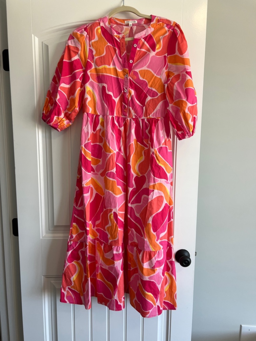 Floral Swirl Pink & Orange Tiered Maxi Dress with Puff Sleeves
